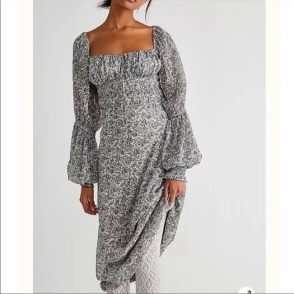 knee length dresses for ladies Free People Aglow Blue Floral Midi Dress main image 0